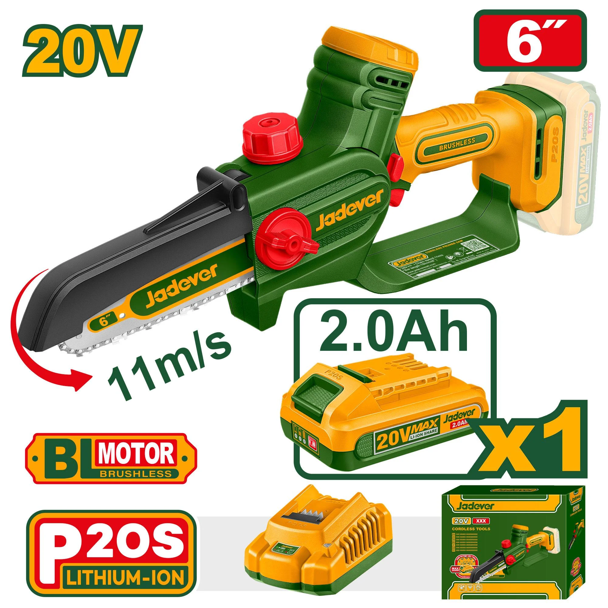 Mini ferăstrău cu lanț cu acumulator 20V 6" (15cm) + 1 ac.; Jadever