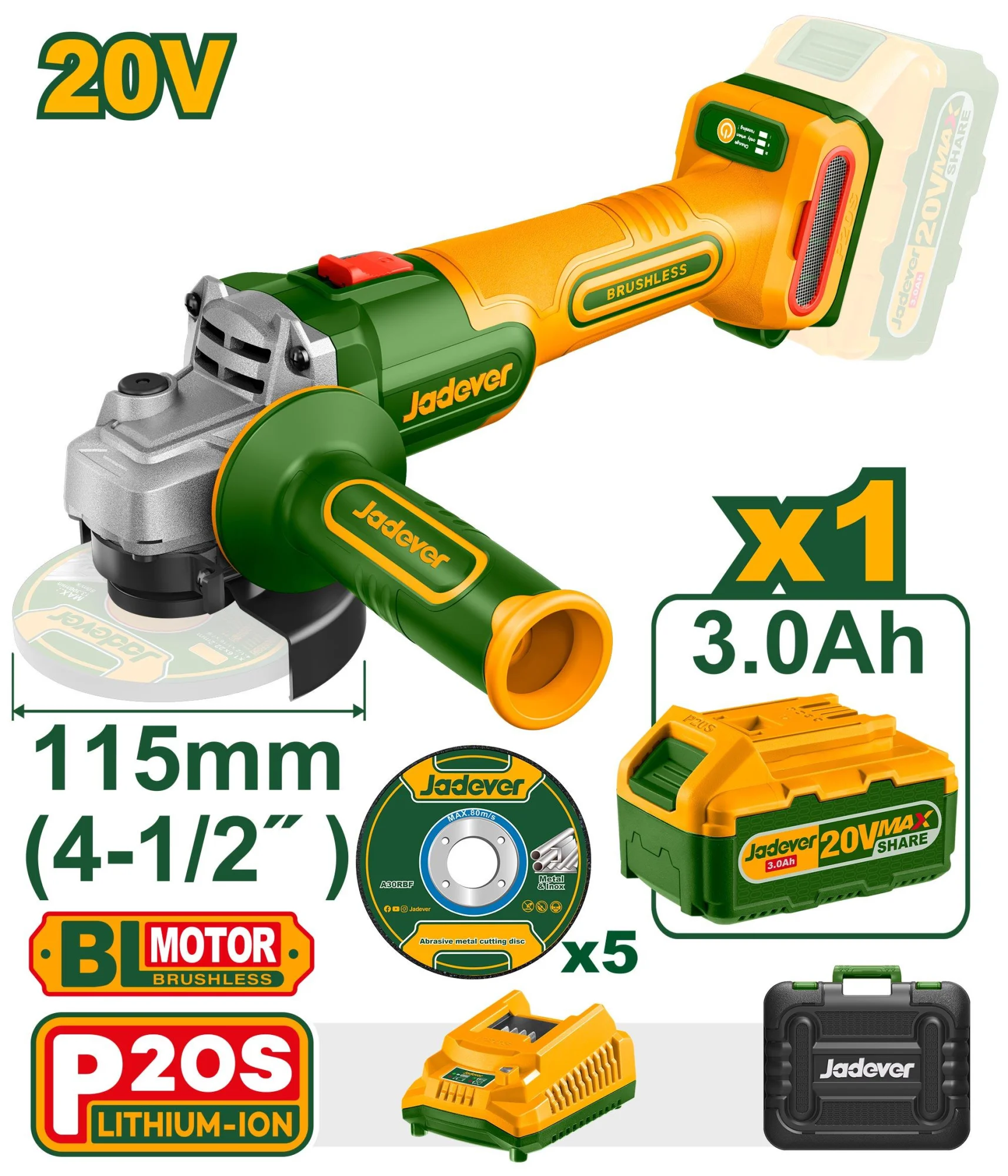 Polizor unghiular (flex) cu acumulator 20V 115mm + 1 ac.; Jadever