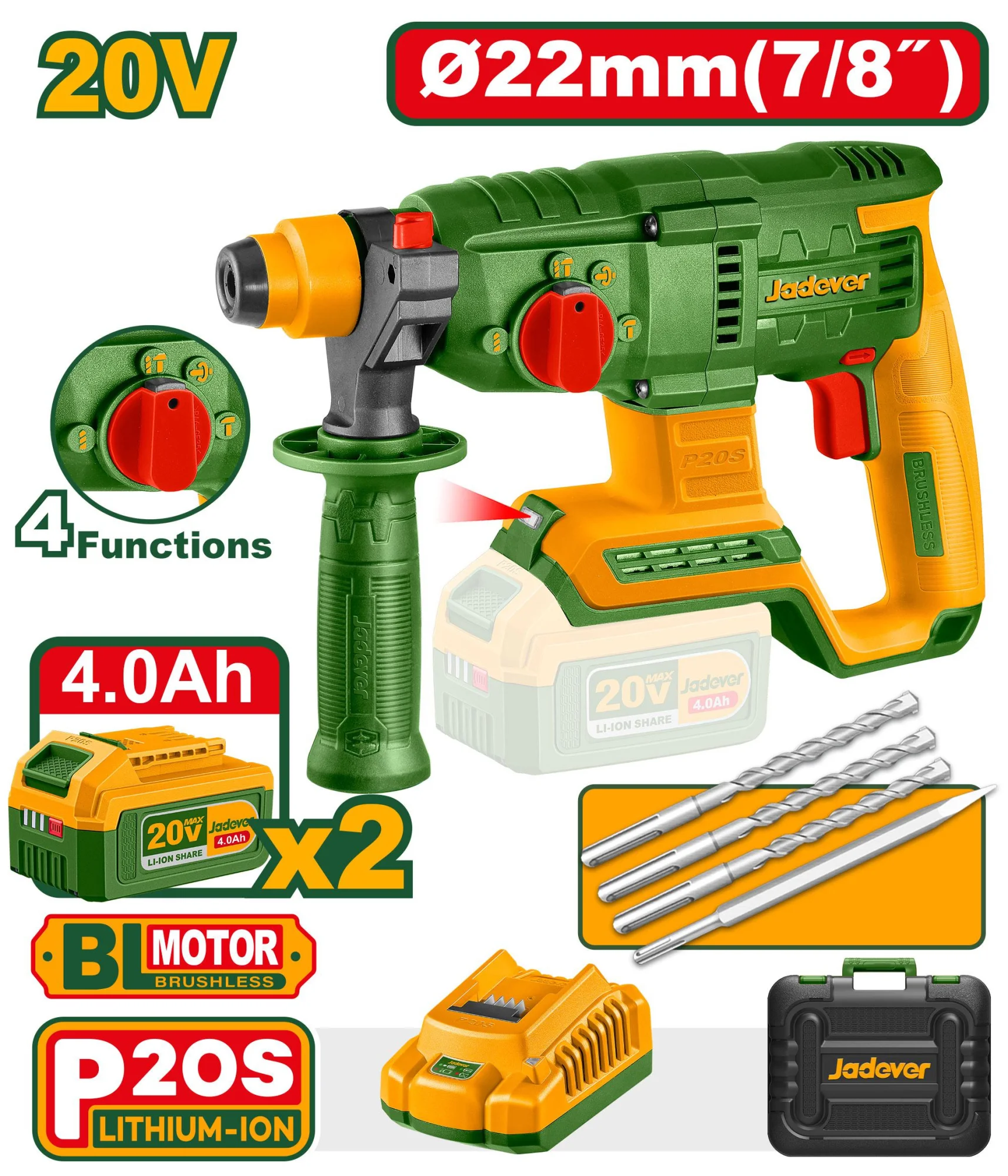 Ciocan rotopercutor cu acumulator 20V 2.0J SDS Plus + 2 ac.; Jadever