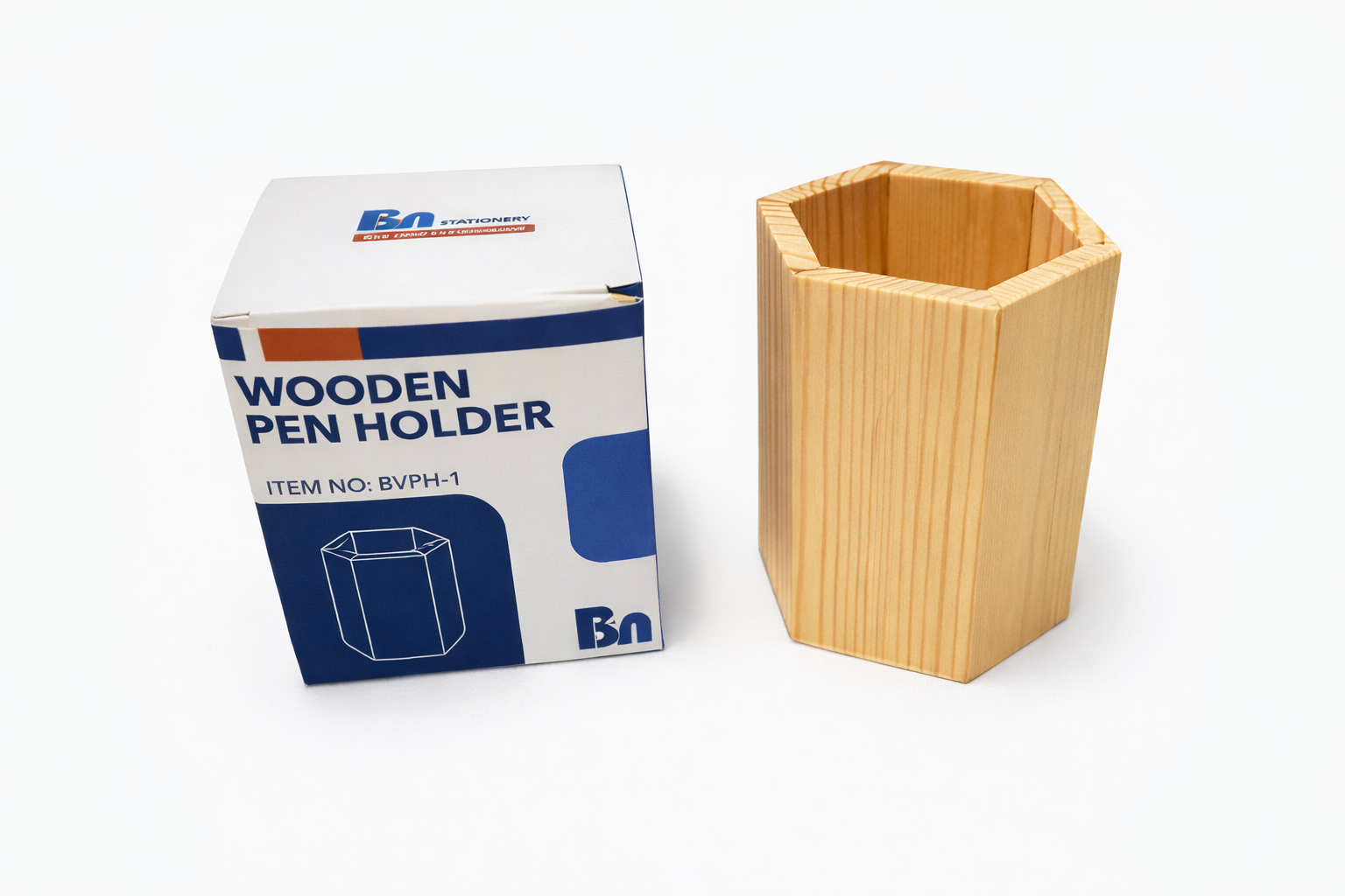 Pahar pentru pixuri din lemn, hexagonal, organizator birou, suport creioane, design natural, home