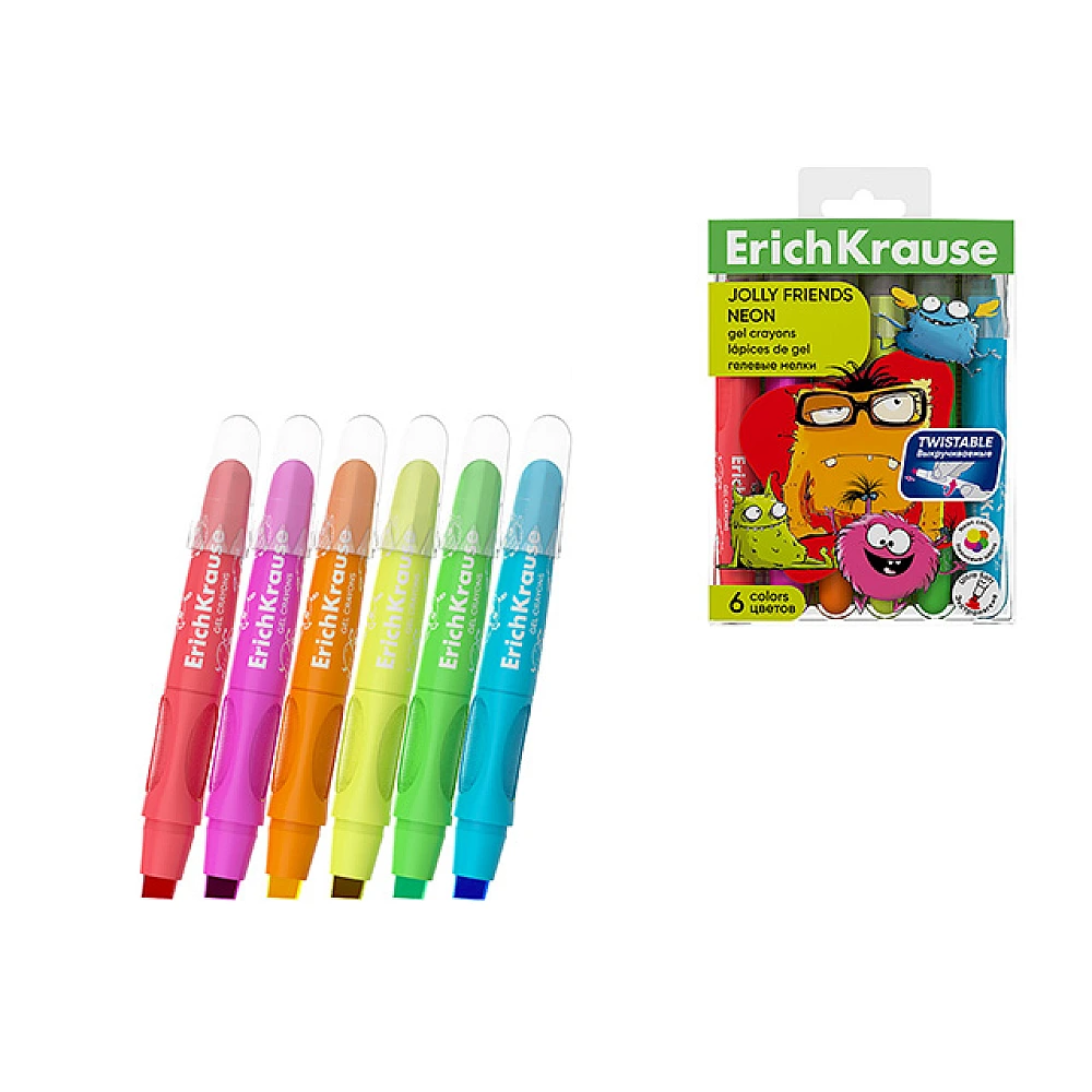 Set de creioane de gel ErichKrause Jolly Friends Neon, 6 culori
