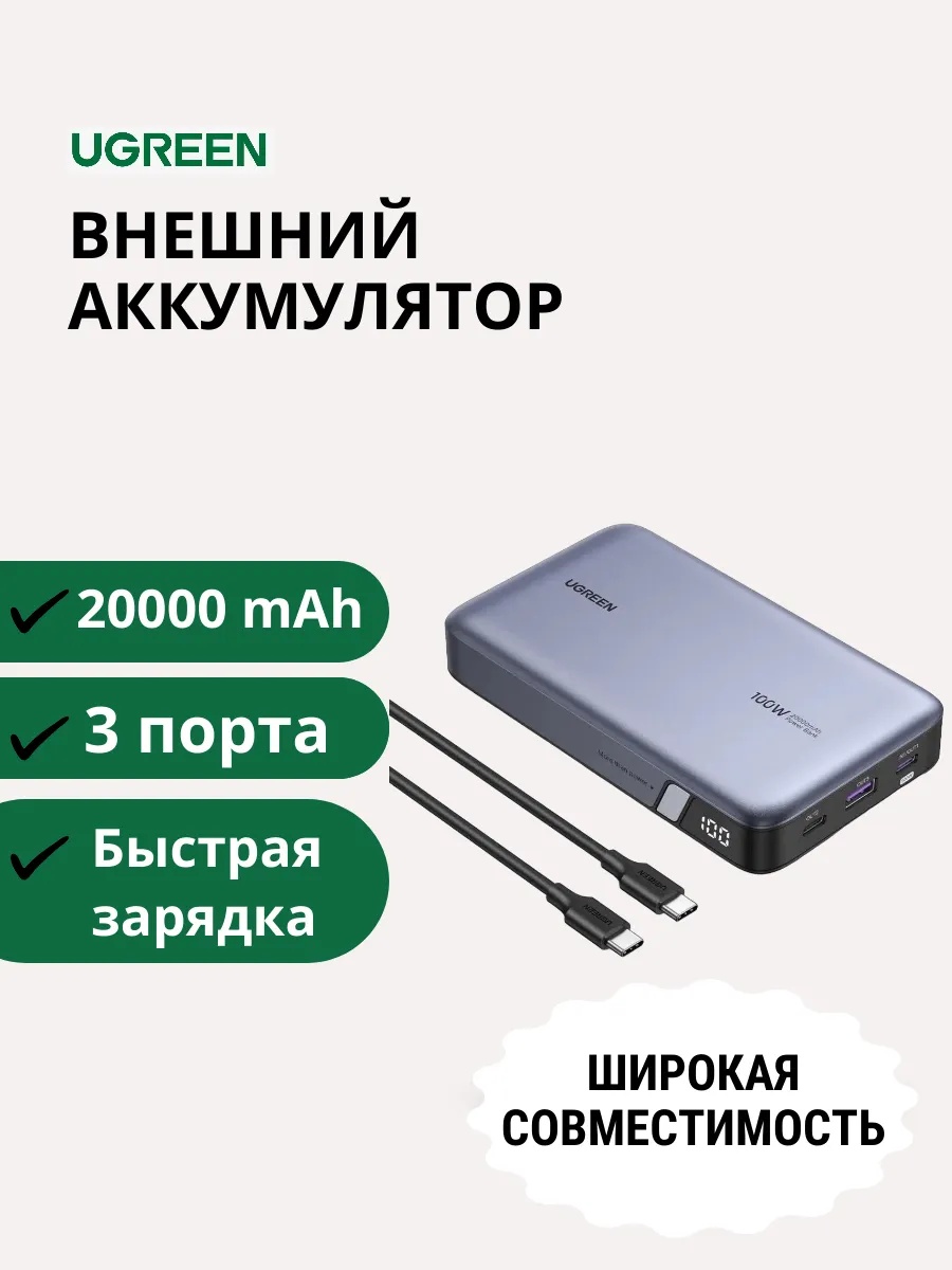 Power Bank Laptop 100W UGREEN, 20.000mAh, Încărcare Rapidă MacBook/iPad/iPhone (PB201)