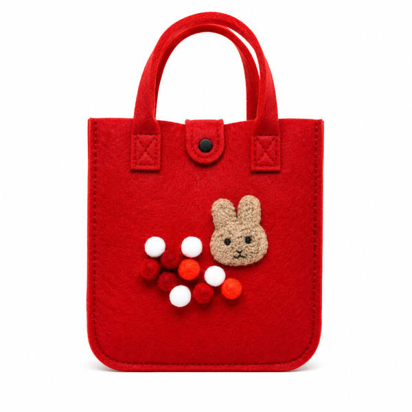 Geanta pentru Copii din Fetru cu Pompoane, Rosie, 20 x 30 x 12 cm, Aplicatie Ursulet, Reutilizabila