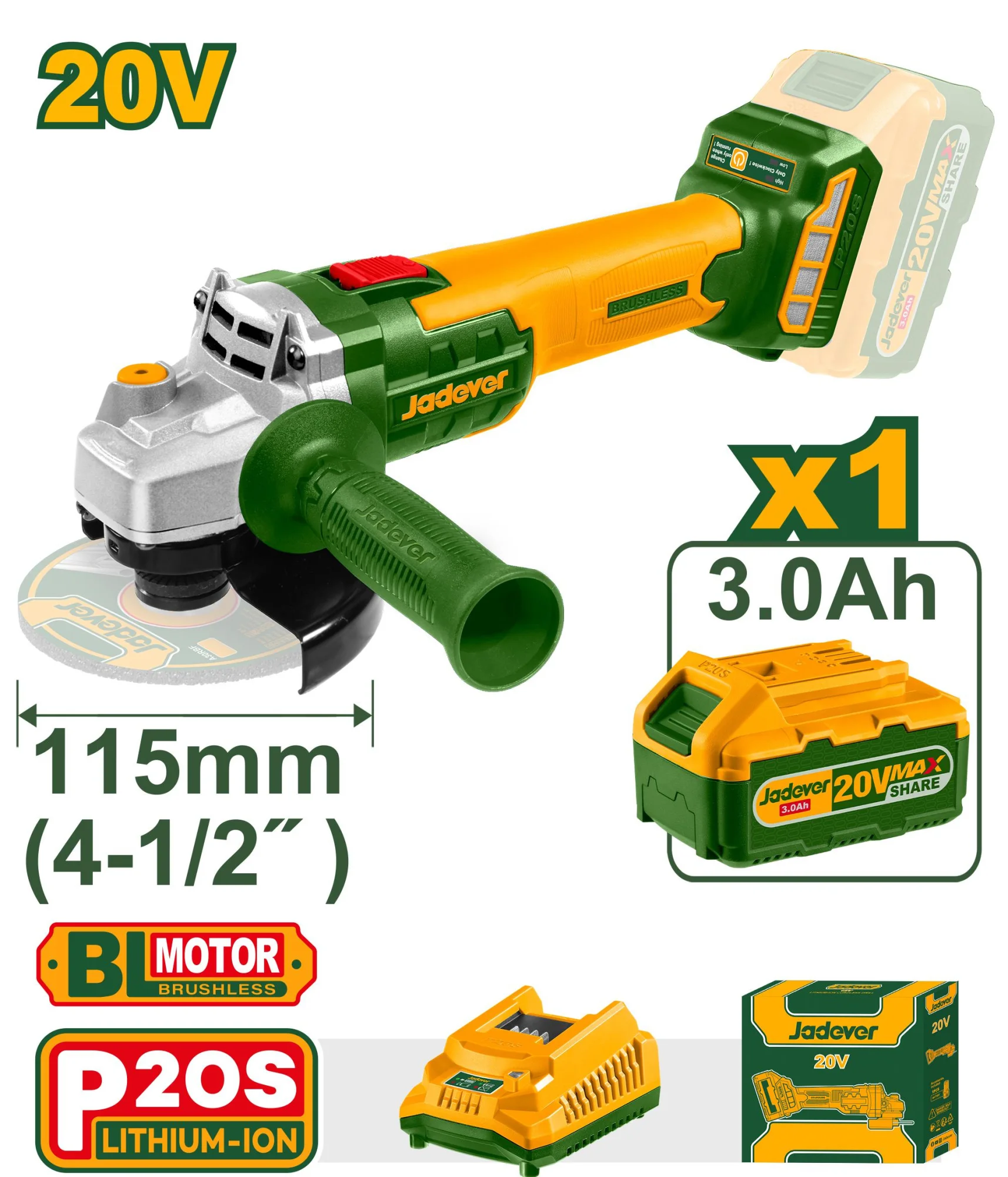 Polizor unghiular (flex) cu acumulator 20V 115mm + 1 ac.; Jadever