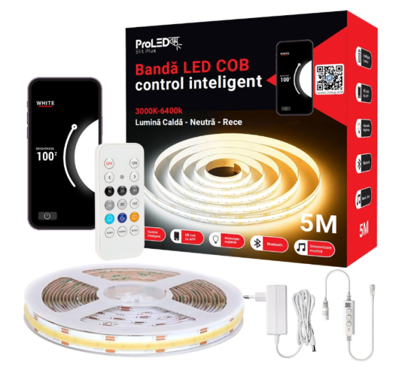 Kit banda Led COB 5M CCT3 APP, control inteligent,QR, sincronizare muzica si intensitate reglabila 3000K-6400K