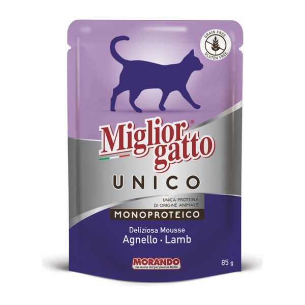 MORANDO pouch  pentru pisici  Migliorgatto mousse MG UNICO SOLO AGNELLO BUSTE Mousse monoproteică cu miel85g