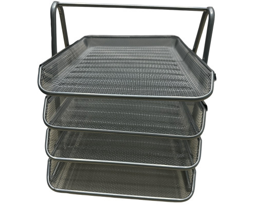 Tavita pentru documente, argintiu, 4 nivele, gri, organizator birou A4, suport hartii orizontal, tava mesh office, rezistenta, suport dosare si acte