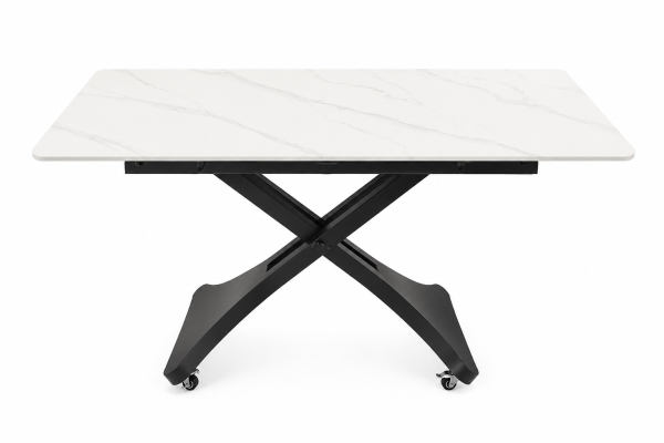 Masă de dining cu roți „Quartz Mobile” 140×80 cm, marmură albă lucioasă