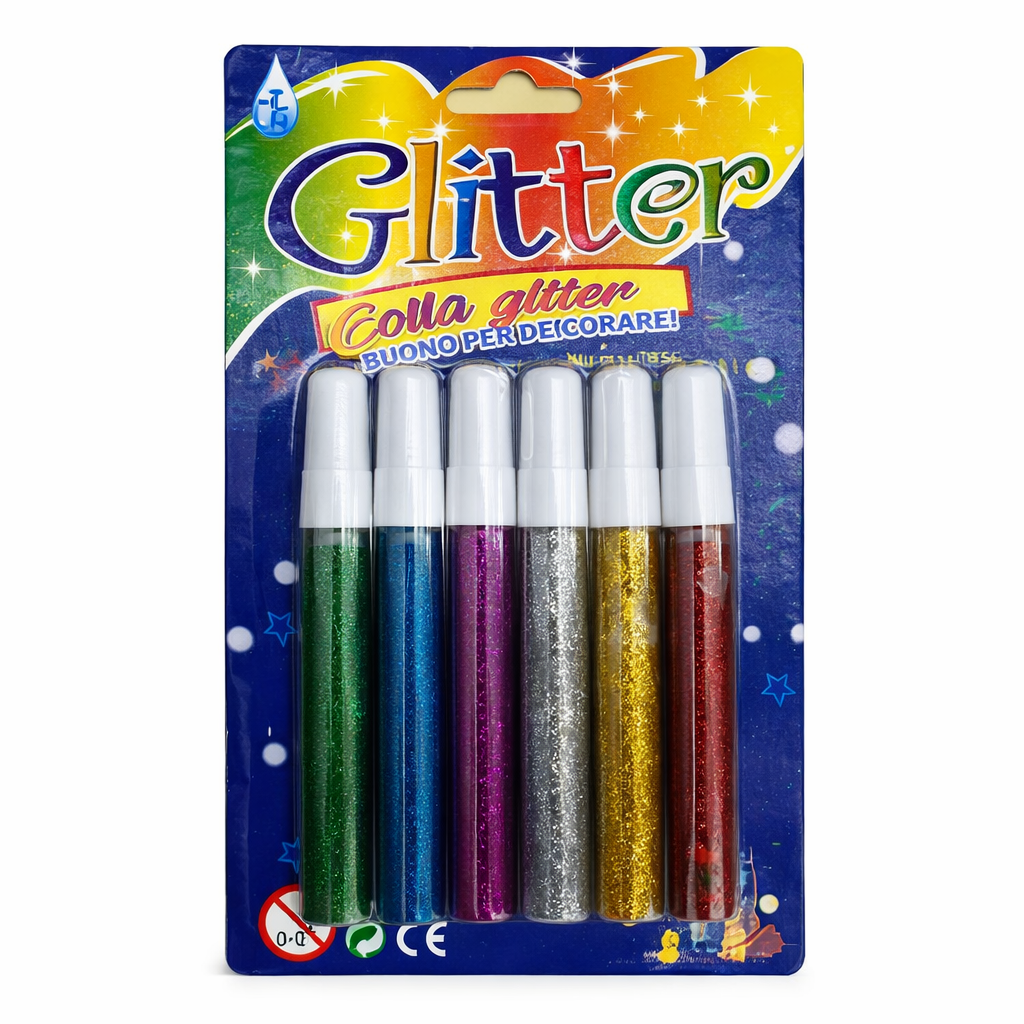 Set lipici cu glitter 6 culori pe blister, lipici decorativ cu sclipici pentru craft, hobby, scrapbooking, decoratiuni, lipici creativ pentru copii si scoala