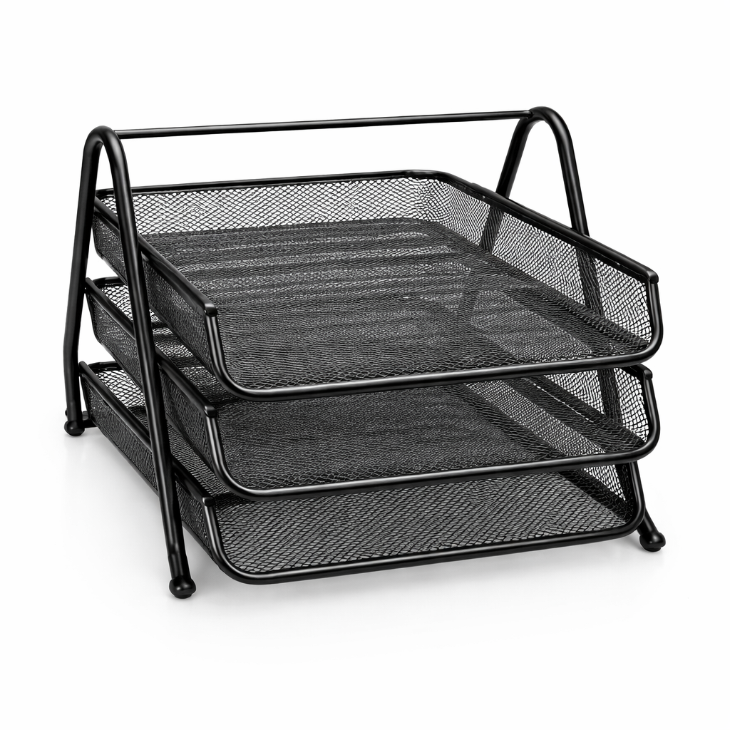 Tavita pentru documente, 3 nivele, negru, organizator birou A4, suport hartii orizontal, tava mesh office, rezistenta, suport dosare si acte