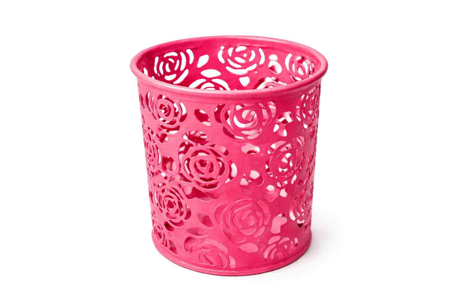 Pahar pentru pixuri metalic ajurat, rotund, suport creioane decorativ, organizator birou, design floral, office, rezistent