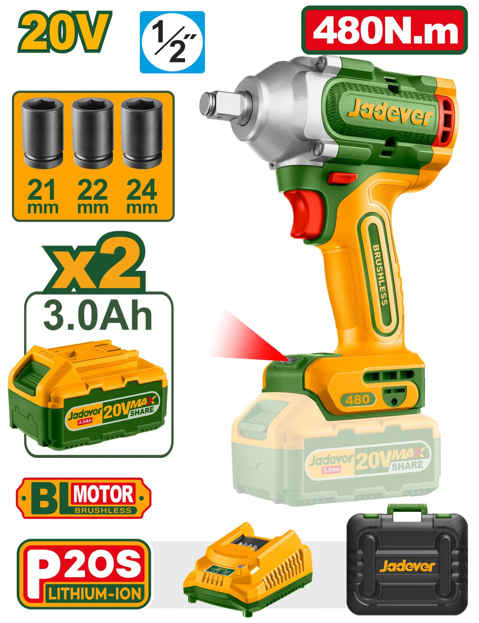 Mașină de înșurubat cu impact cu acumulator 20V 480-600Nm 3Ah; Jadever