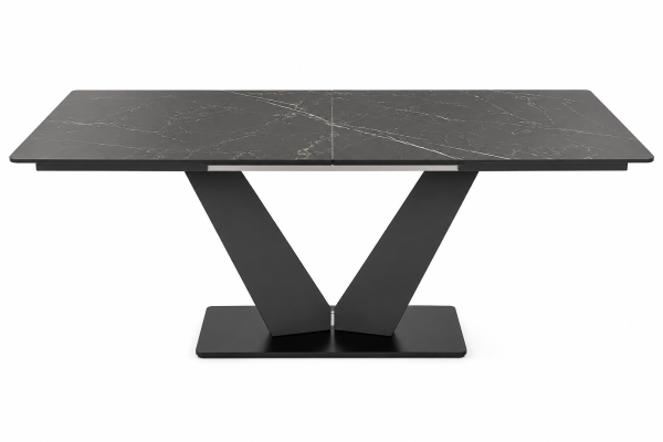 Masă extensibilă de dining „V Black Marble” aspect marmură neagră, lucioasă 140x-180x90