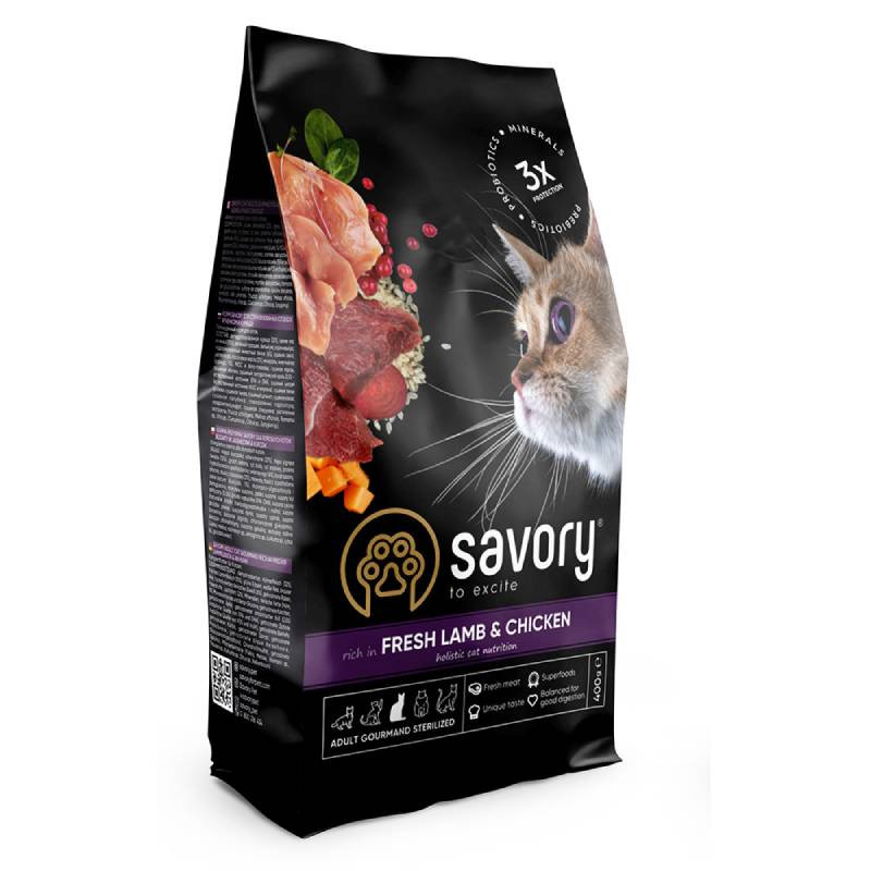 Savory adult cat Steril Fresh Lamb and Chicken 2KG, hrană uscată cu miel și pui pentru pisici sterilizate