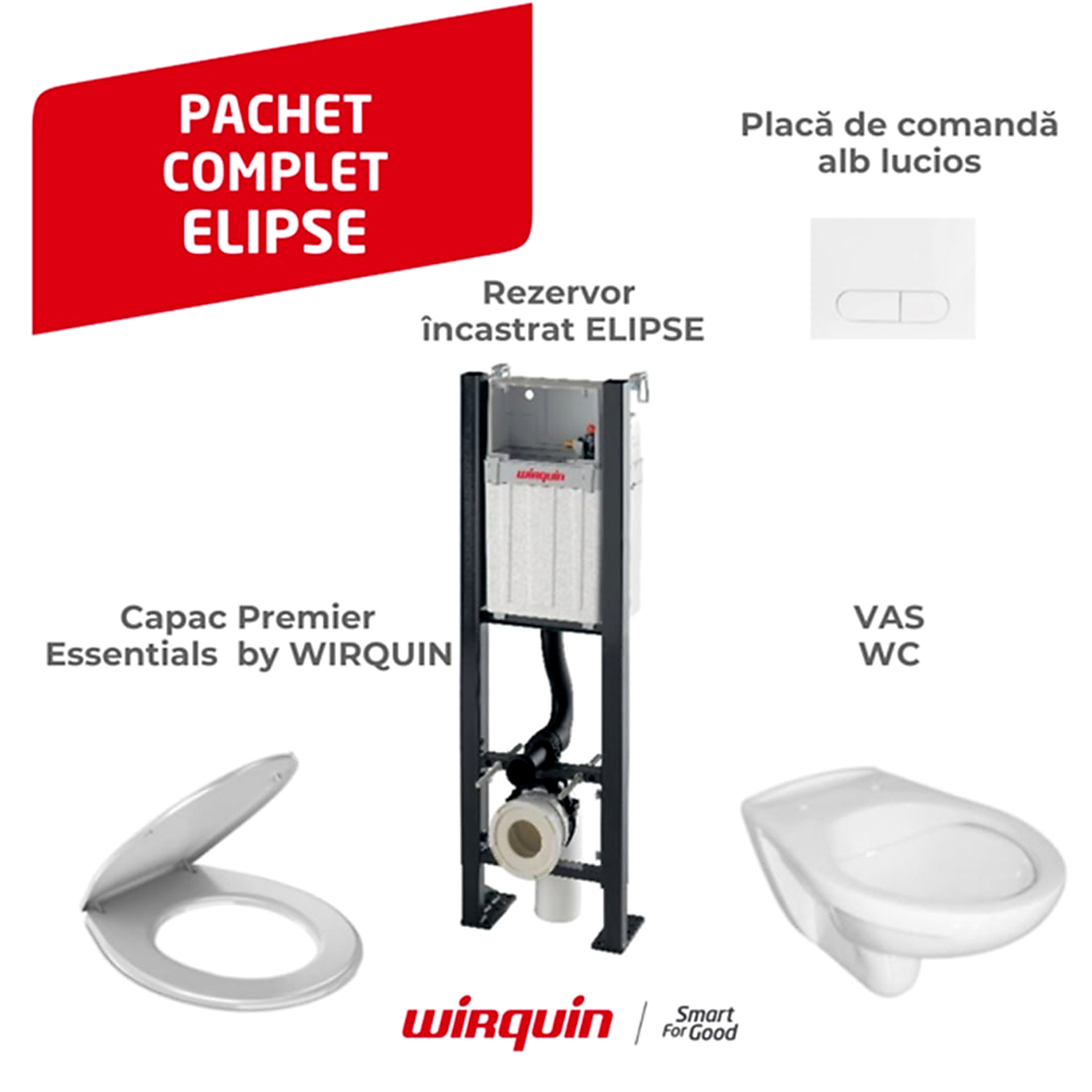 Cadru WC incastrat WIRQUIN ELIPSE + WC ROCA + capac  + clapeta alb lucios