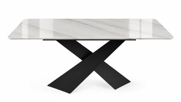 Masă de dining „Marble X” alb marmorat lucios, bază metalică tip X 160x90cm