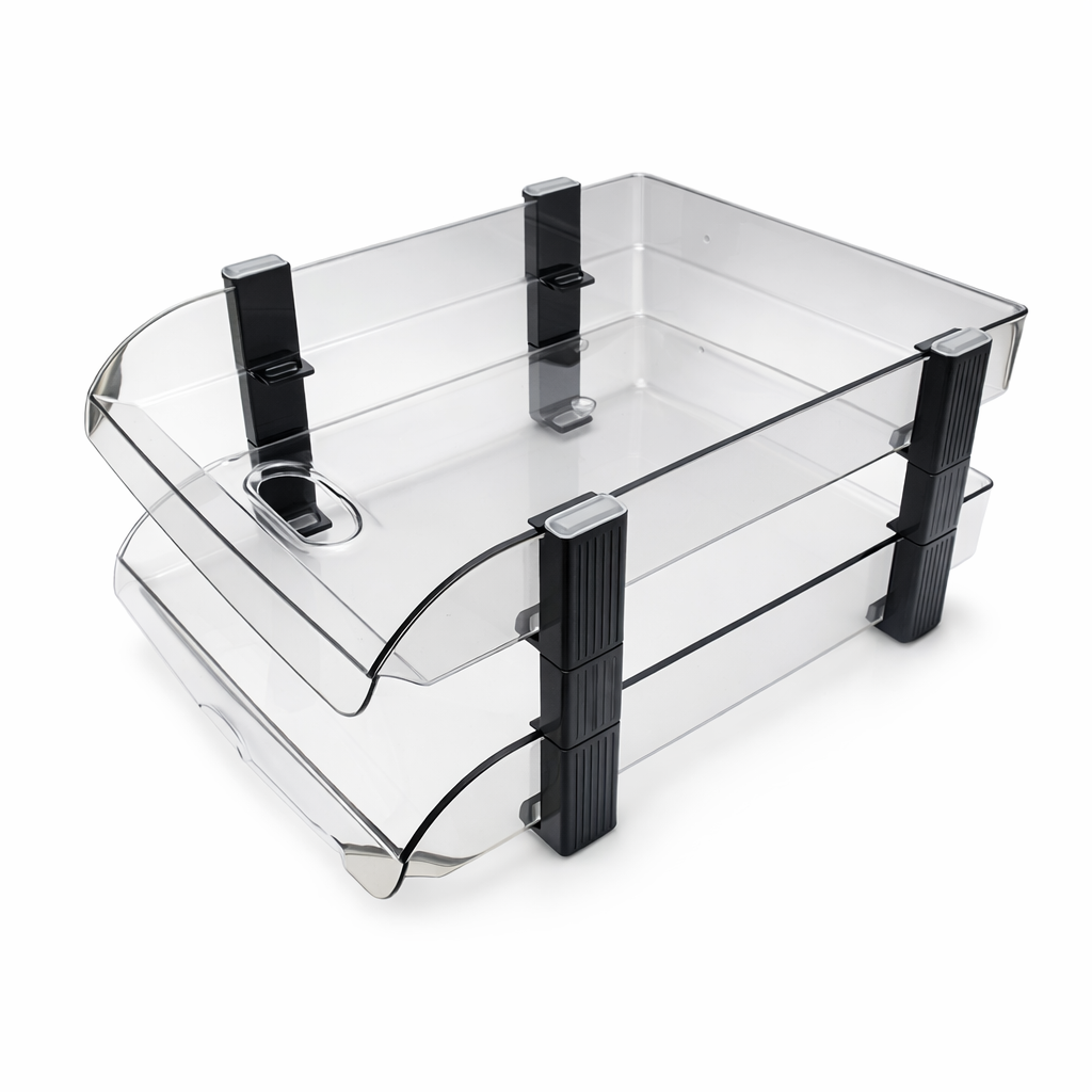 Set 2 tavite pentru documente, 34 x 25 cm, plastic transparent, organizator birou A4, suport de hartii orizontal, tavita office suprapozabila 2 nivele