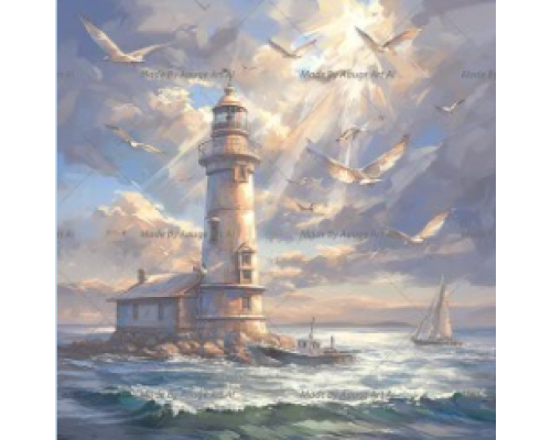 Mozaic cu Diamante 40 x 50 cm Farul si Pescarusii, Diamond Painting, Kit Creativ cu Strasuri Acrilice, Panza pe Targa