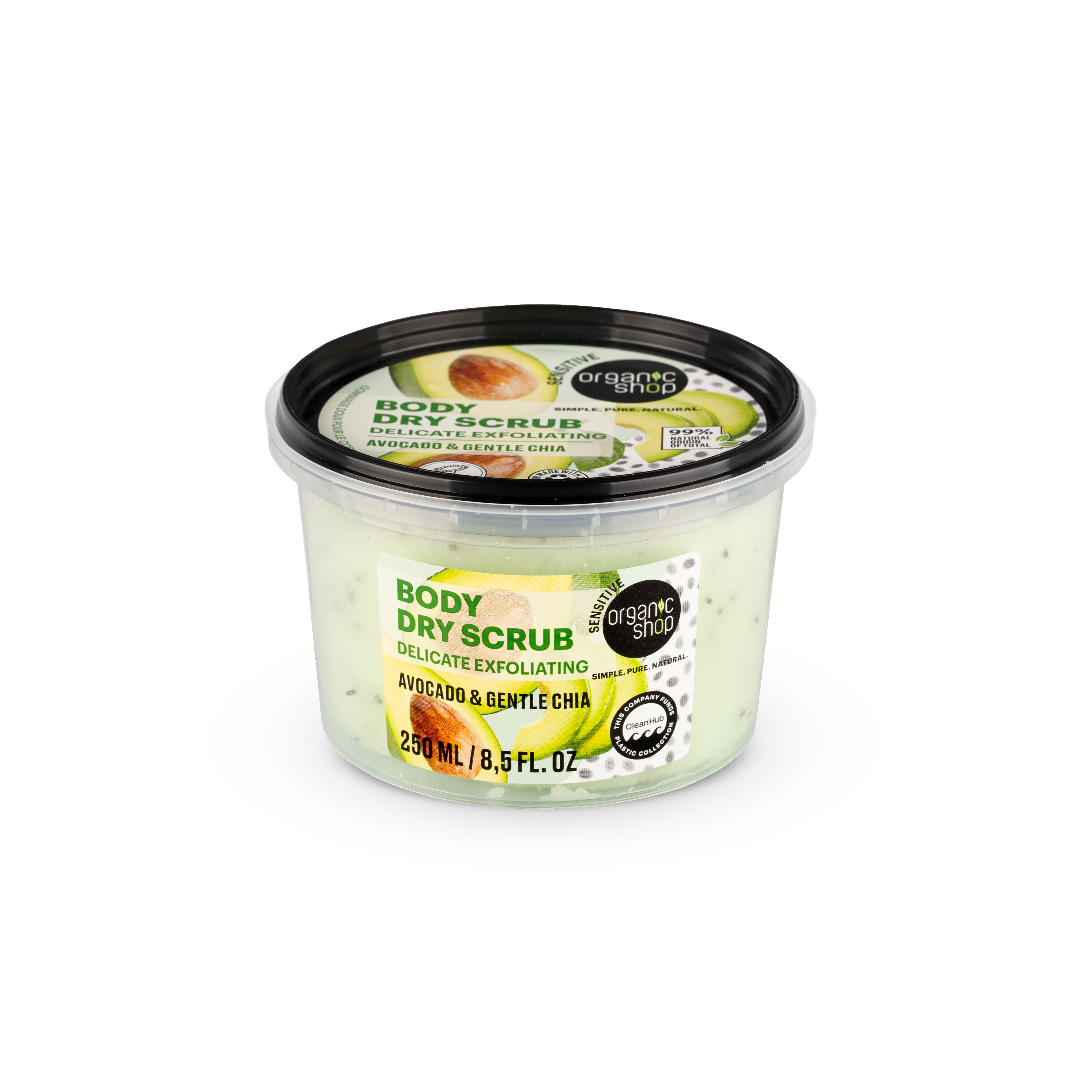 Organic Shop Scrub uscat de corp cu avocado și chia delicat, Exfoliant 250 ml