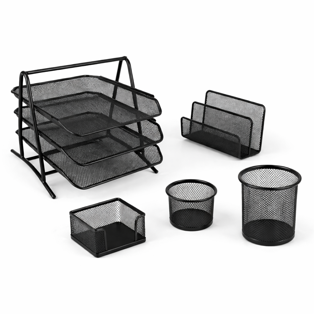 Set birou metal mesh 5 piese, organizator office complet, tavite documente, suport reviste, suport pixuri, negru