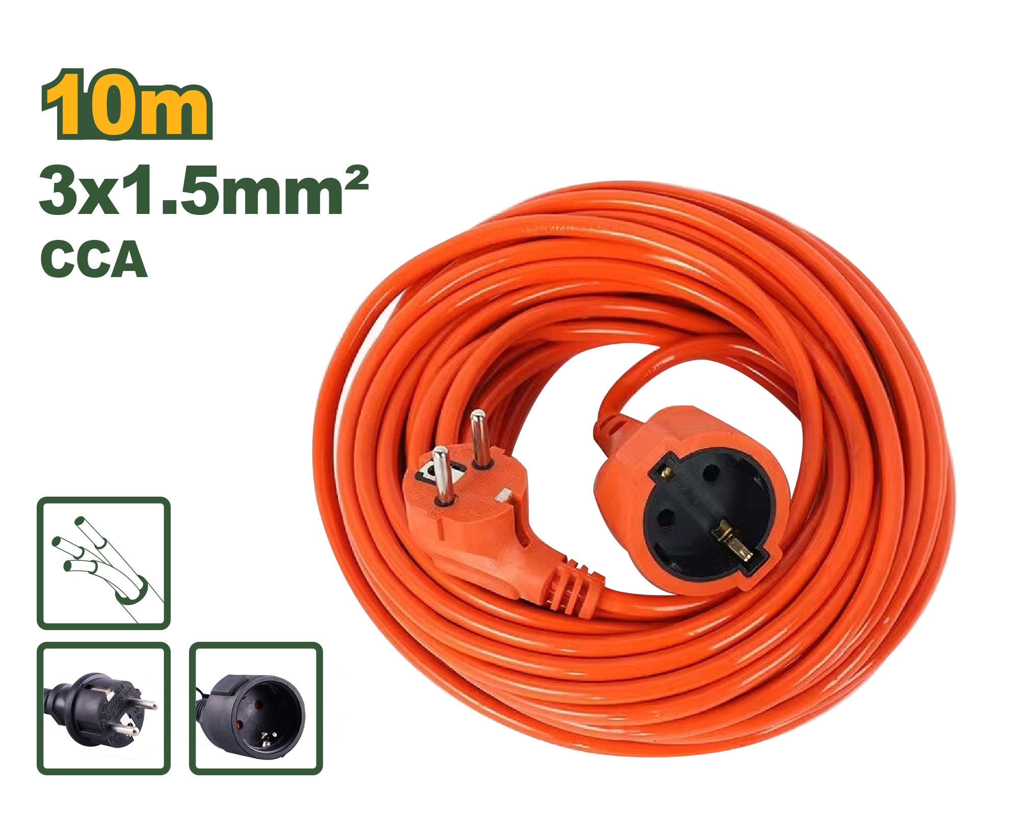 Prelungitor electric portocaliu 1 priză 10 m 3x1.5 mm² 10A 250V Jadever JDEJAG03
