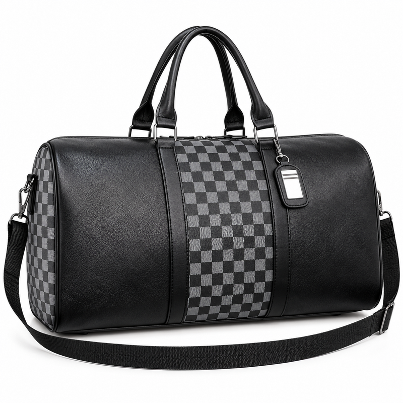 Geantă de voiaj neagră din piele ecologică cu model în carouri, 48×27 cm