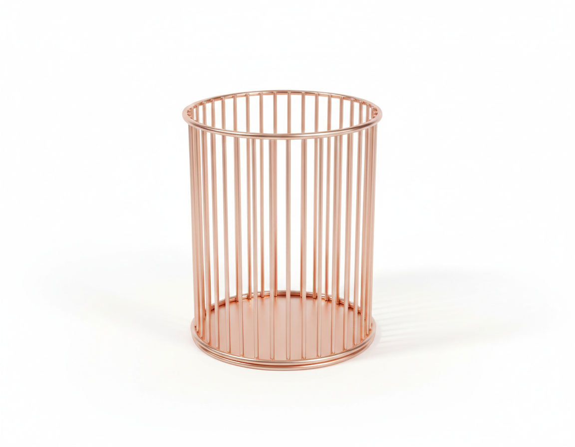 Pahar pentru pixuri metalic, rotund, aur roz (rose gold), suport creioane elegant, organizator pentru birou modern