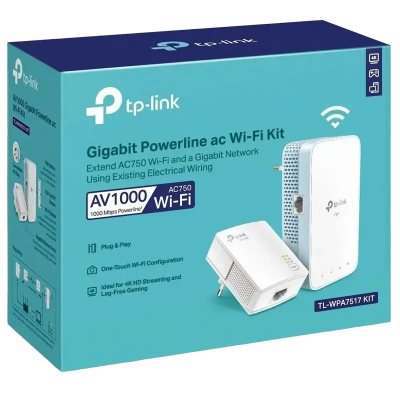 Powerline Adapter  TP-LINK TL-WPA7517 KIT, AV1000, 1000 Mbps, Alb