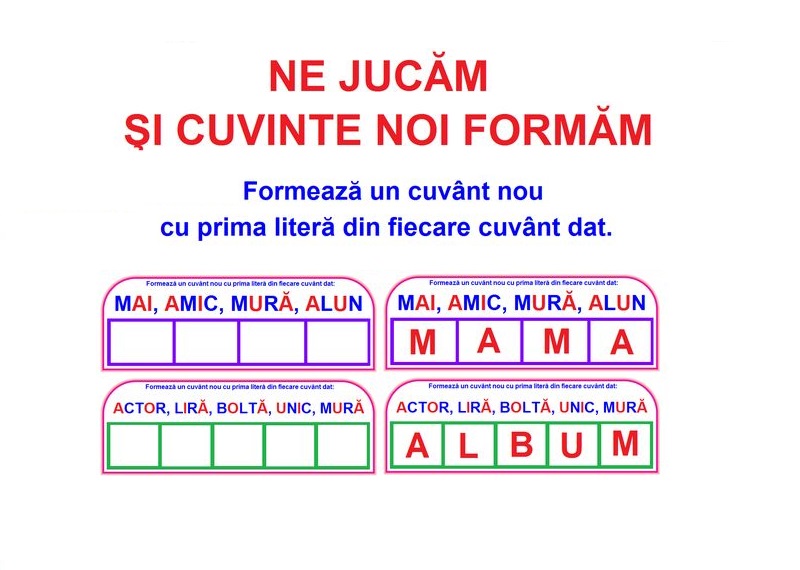 L-140 Formează un cuvânt nou cu prima literă din fiecare cuvânt dat - planşe A4
