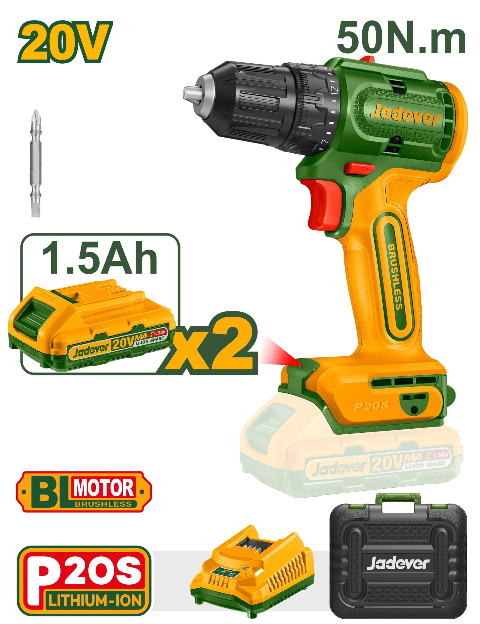Mașină de găurit/șurubelniță cu impact fără fir de 20V, 2000 RPM, 2 baterii; JDCDP552 Jadever