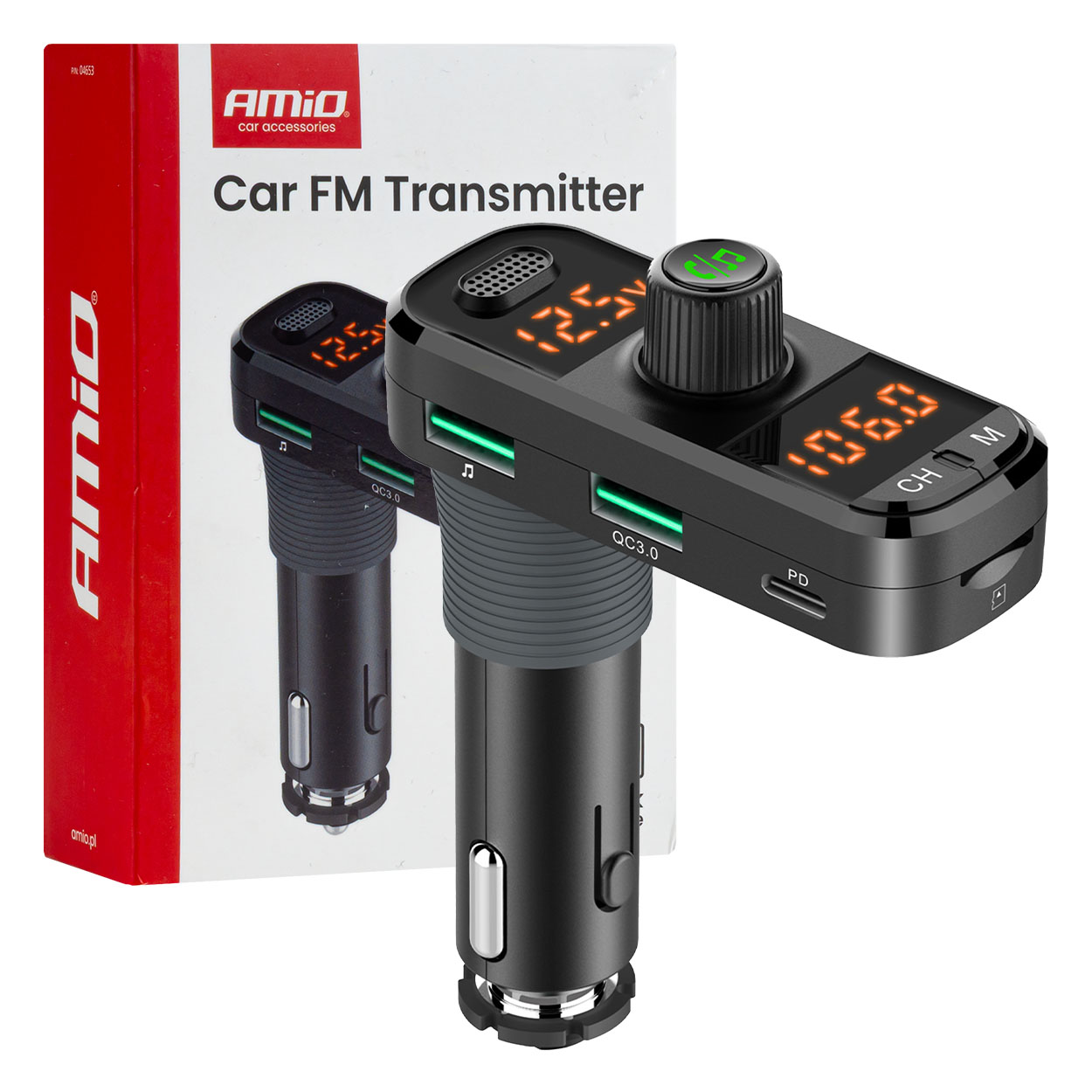 04653 Transmitator FM auto 2Г—USB-A 1Г—USB-C microSD 12V 24V