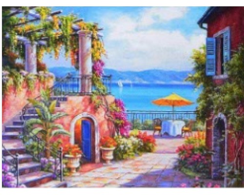 Mozaic cu Diamante 40 x 50 cm Terasa Insorita la Mare, Diamond Painting, Kit Creativ cu Strasuri Acrilice, Panza pe Targa