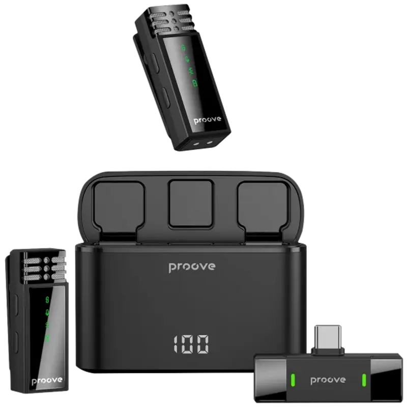 Microfon portabil pentru înregistrare vocală Proove Record Type-C, Fără fir, Negru