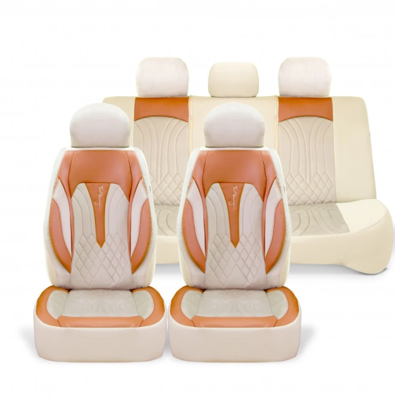 Set huse scaune auto universale seria SIDNEY, material textil crem si piele ecologica maro, fata-spate, compatibil airbag