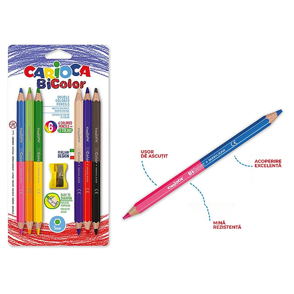 Set creioane colorate 6buc Carioca BiColor Maxi +ascutitoare, 12culori