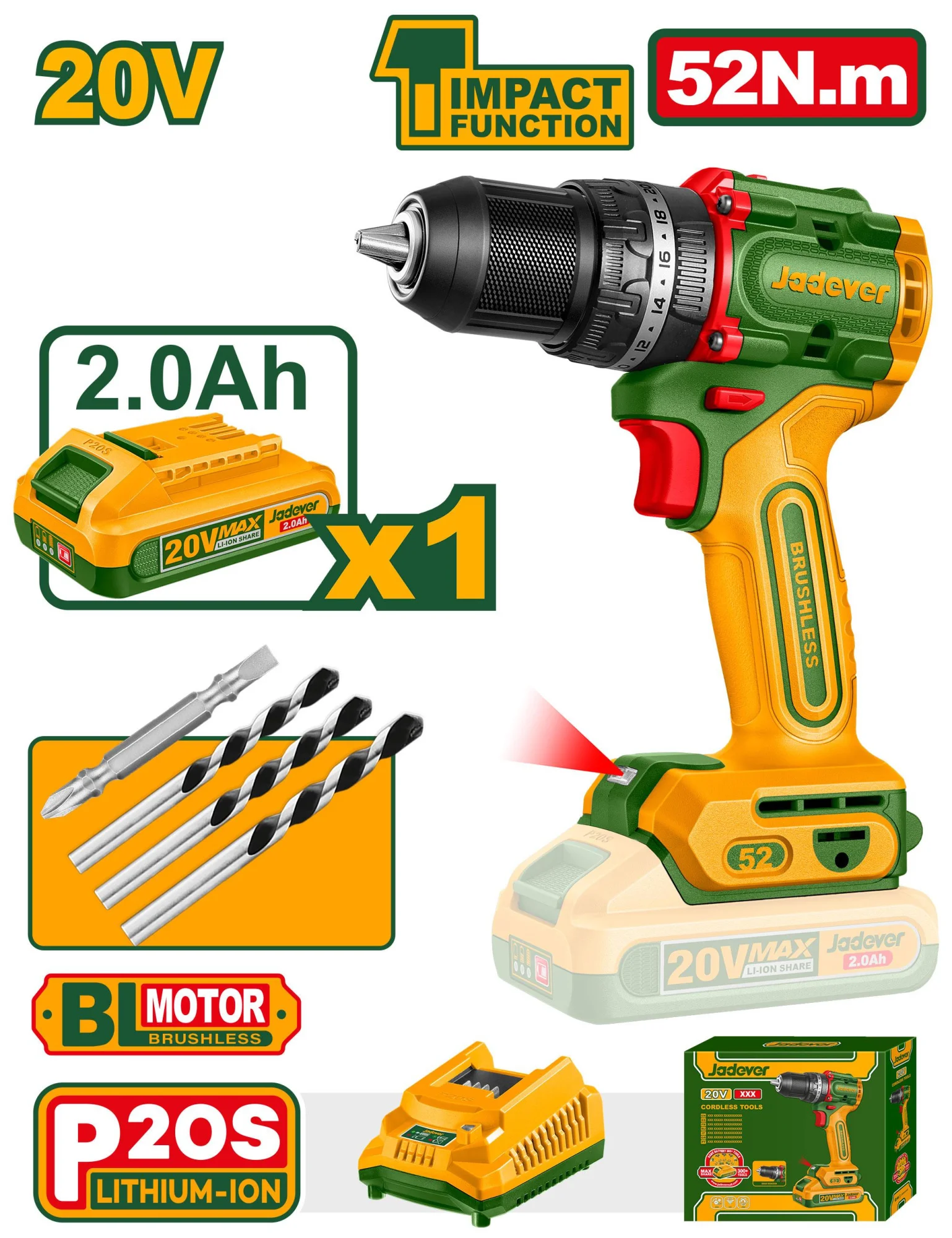 Mașină de găurit cu percuție cu acumulator 20V 52Nm + 1 ac.; Jadever