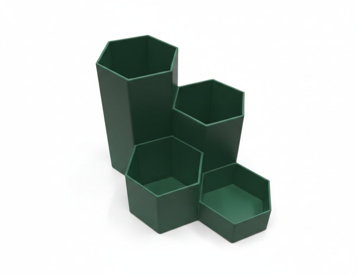Organizator birou rotund, 4 compartimente, verde, plastic rezistent, multifuncțional