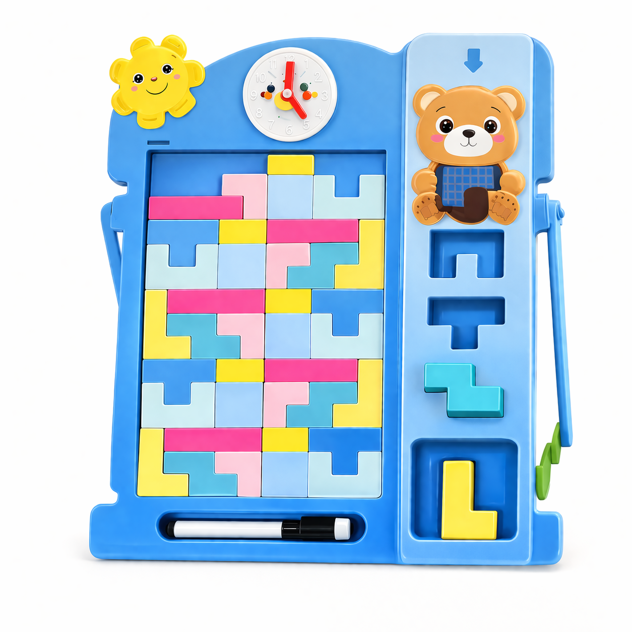 Tabla educativa copii din lemn Tetris cu marker, joc puzzle logic creativ, tabla desen reutilizabila pentru dezvoltare gandire, coordonare si invatare 36 luni+