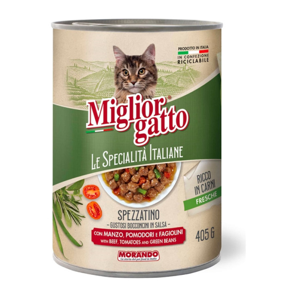MORANDO conserve bucati pentru pisici MIGLIORGATTO LE SPECIALITA' ITALIANE MANZO POM FAG (Carne de vită / roșii/fasole) 405g
