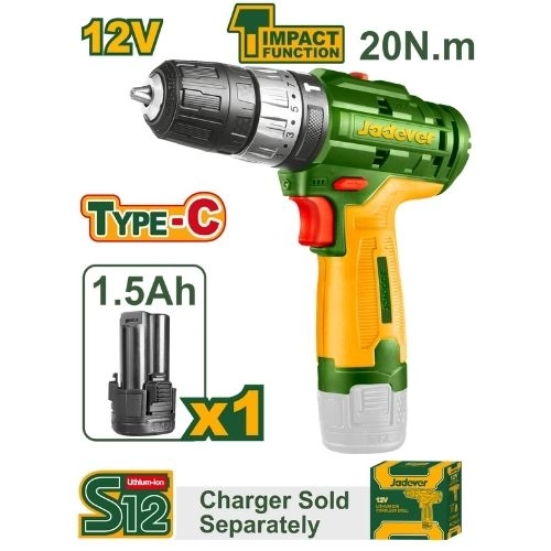 Mașină de găurit cu percuție cu acumulator 12V 20Nm + 1 ac.; Jadever