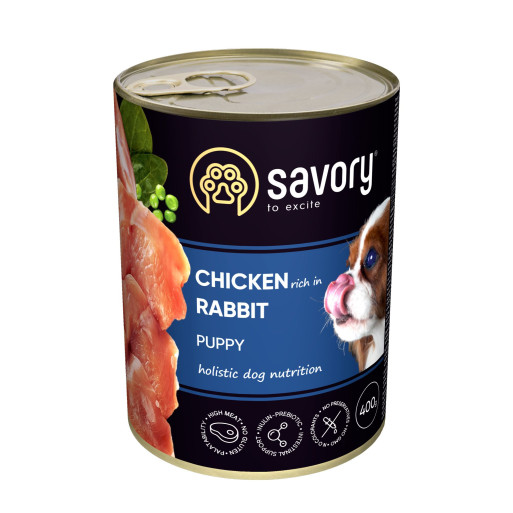 Savory Dog All breeds Puppy rabbit 400G, hrană umedă cu pui și iepure pentru căței