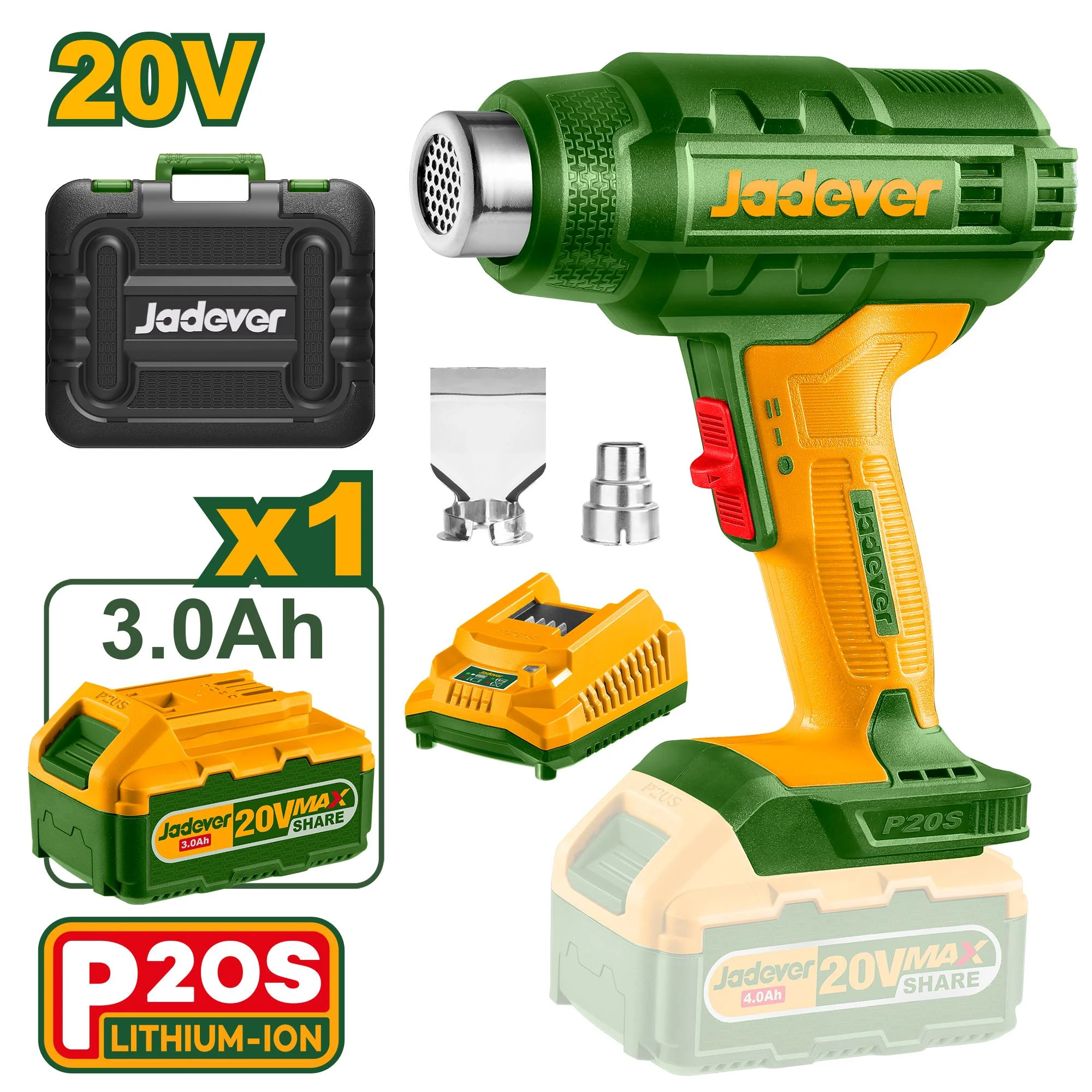 Suflantă cu aer cald (Pistol termic) cu acumulator 20V + 1 ac.; Jadever