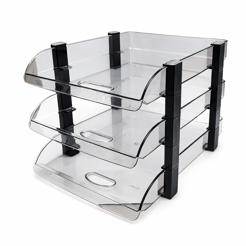 Set 3 tavite pentru documente, 34 x 25 cm, plastic transparent, organizator birou A4, suport de hartii orizontal, tavita office suprapozabila 3 nivele