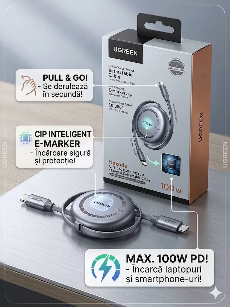 Cablu retractabil Ugreen L531, PD 100W,  1m (negru)