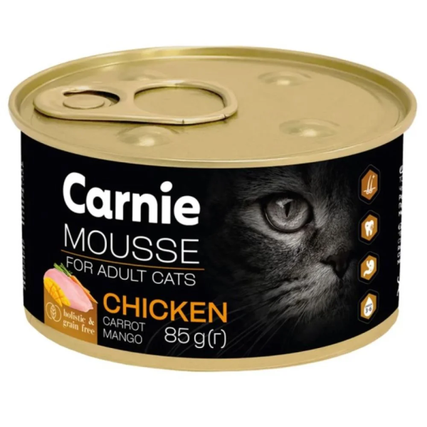 Hrană umedă pentru pisici Carnie PATE cu pui, mango, morcovi și jeleu – 85 g