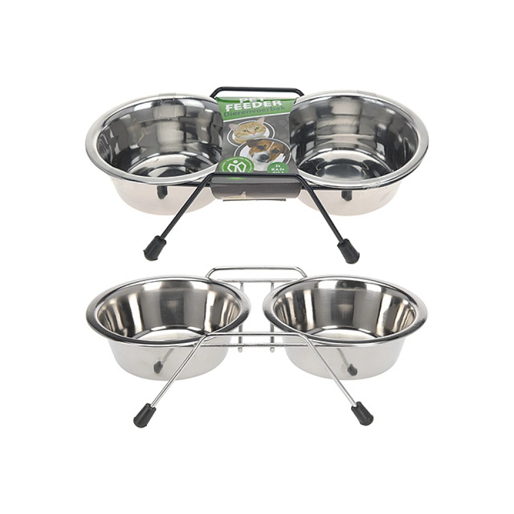 Castron dublu pentru animale pe suport 2X300ml, 35X17X8.5cm, metal