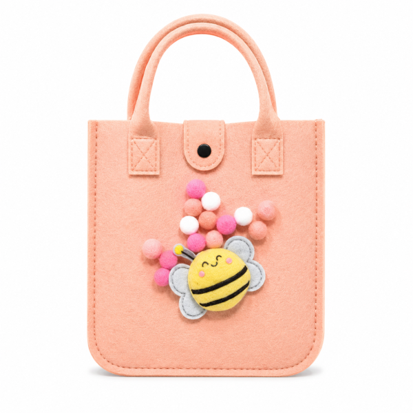 Geanta pentru Copii din Fetru cu Pompoane, Crem Roz (Peach), 20 x 30 x 12 cm, Aplicatie Albina, Reutilizabila