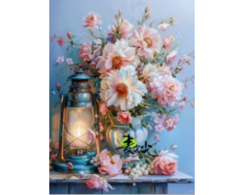 Mozaic cu Diamante 40 x 50 cm Flori si Felinar, Diamond Painting, Kit Creativ cu Strasuri Acrilice, Panza pe Targa