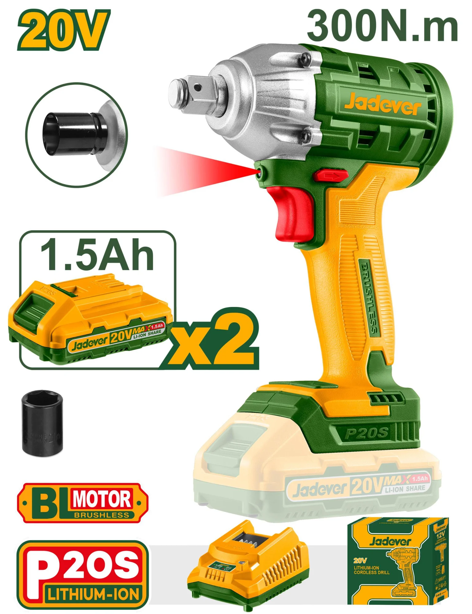 Mașină de înșurubat cu impact cu acumulator 20V 2300rpm 300Nm + 2 ac.; Jadever