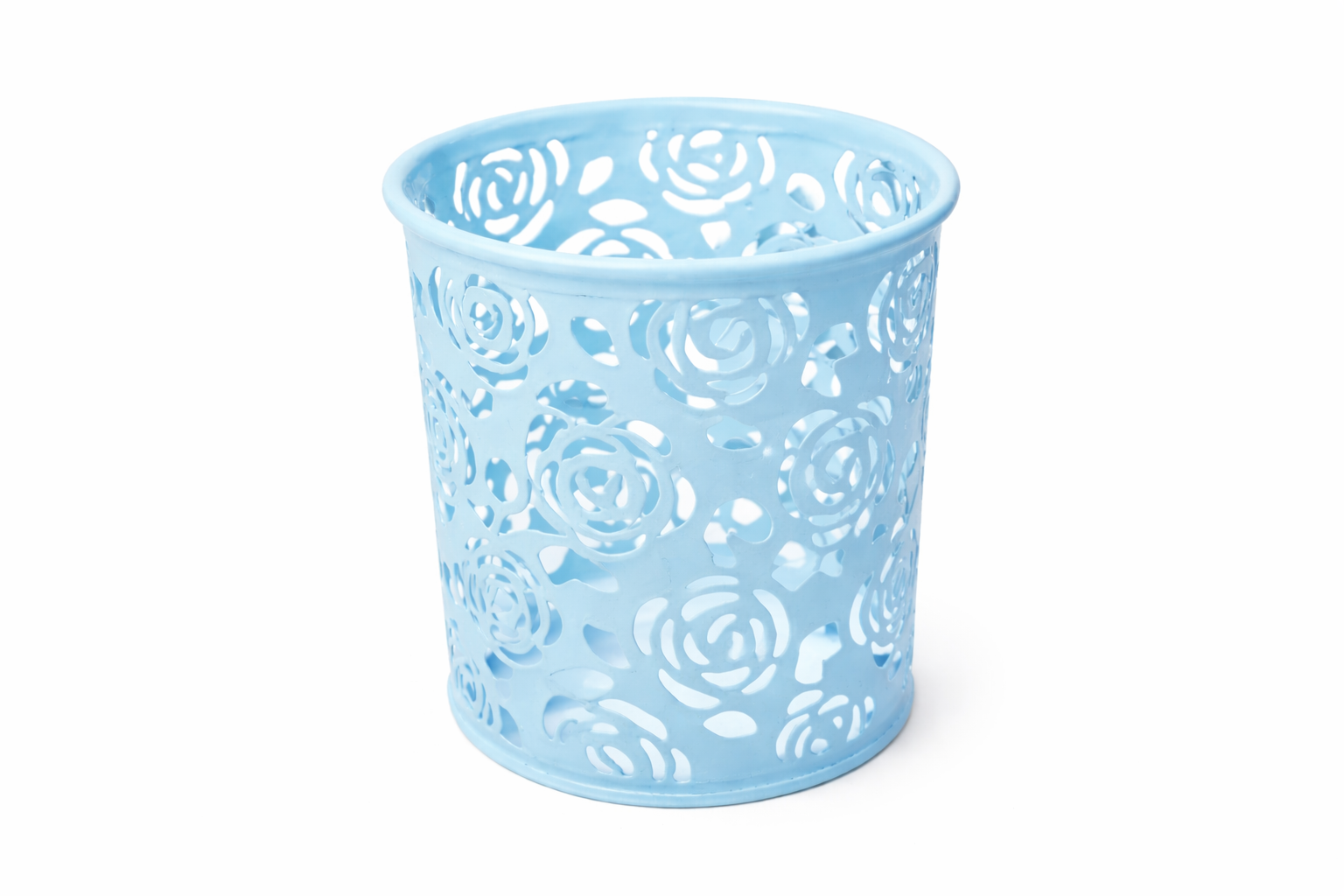 Pahar pentru pixuri metalic ajurat, rotund, suport creioane decorativ, organizator birou, design floral, office, rezistent